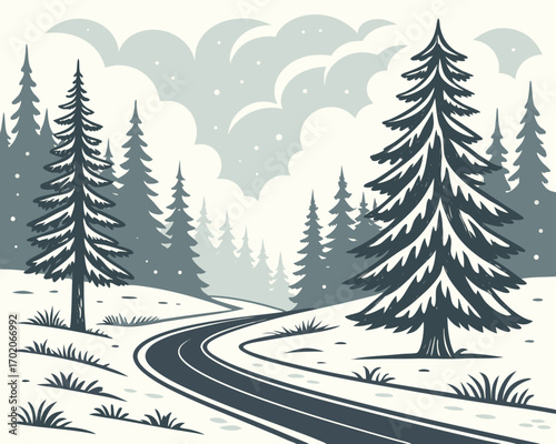 seamless winter forest landscape. endless parallax game background with snowy fir, trees, snow drifts, road and cloudy sky. cartoon woodland illustration. horizontal scenic winter panorama for ... See