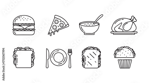 Collection of delicious fast food and meal icons in a simple line drawing silhouette style