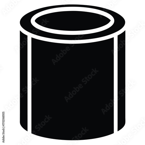 Isolated Black Hollow Cylinder Shape, Isometric View, Simple Illustration, No Perspective, Object