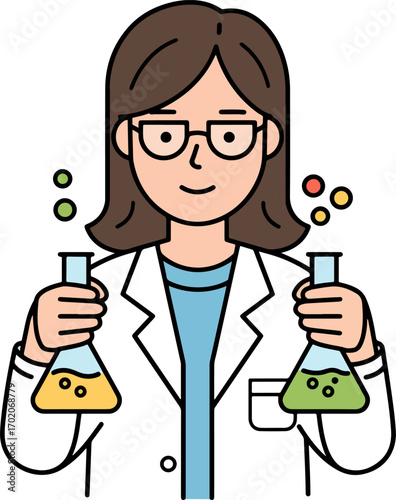 Flat Illustration Woman Scientist Holding Beaker in Laboratory Experiment