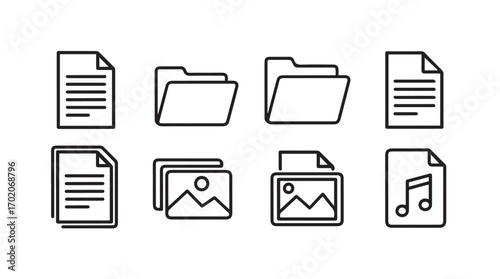 Collection of simple outline icons representing documents folders images and music silhouette