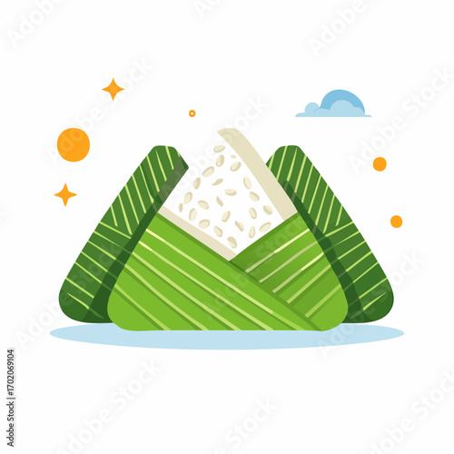 Illustration of an opened Chinese rice dumpling, with rice grains spilling out, and simple decoration.
