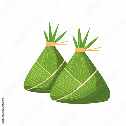 Two Triangular Green Leaf Wrapped Rice Dumplings Tied with String