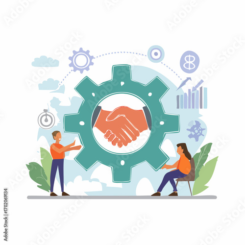 Business partnership and collaboration process between professionals illustrating agreement strategy and company growth