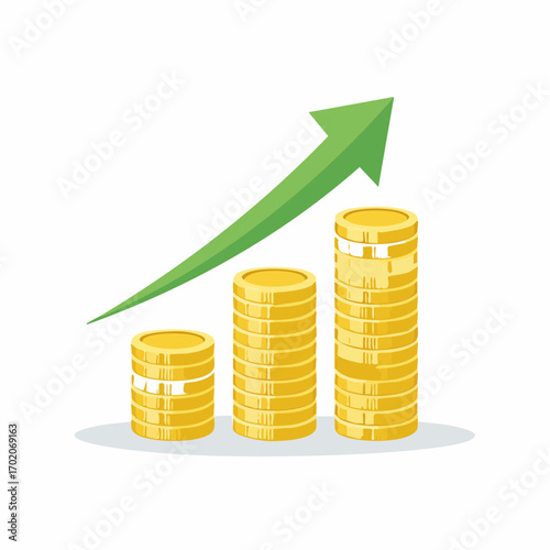 Growing stacks of gold coins with an upward trending green arrow