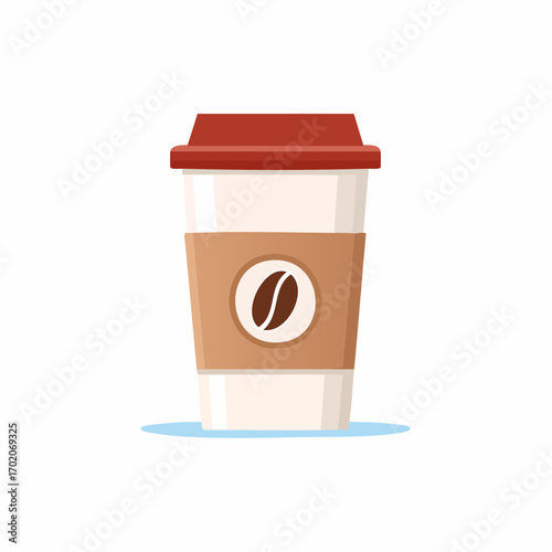 Coffee cup with brown lid, coffee bean logo, and sleeve. Cartoon illustration.