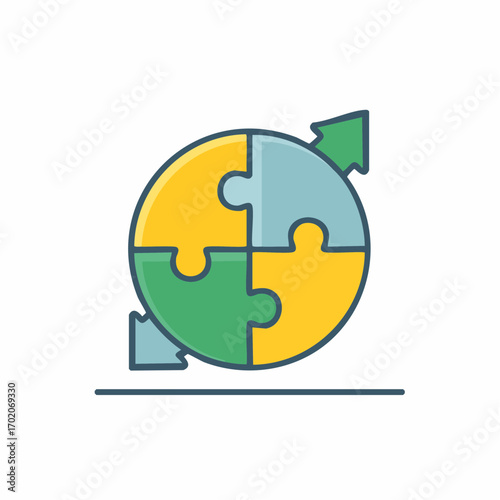 Four piece jigsaw puzzle forming a circle with arrows pointing outwards representing expansion