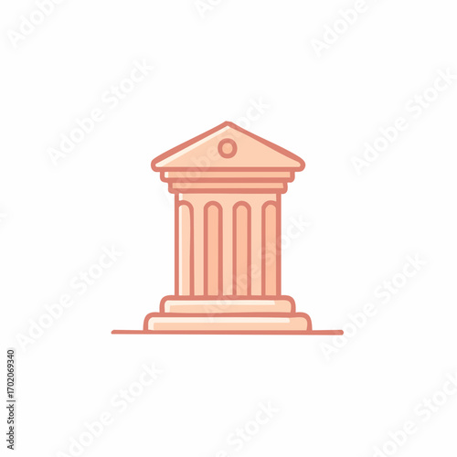 Minimalist illustration of a classical building facade with columns and a pediment in a soft salmon color.