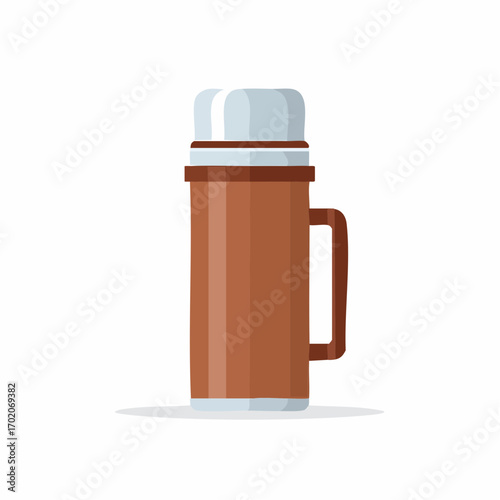 Brown thermos with handle and grey cup cap insulated for hot and cold beverage