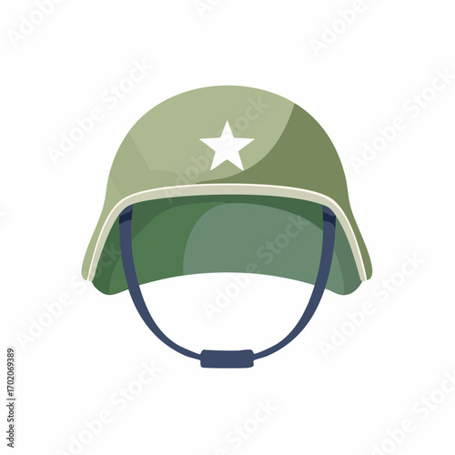Green military combat helmet with white star emblem and chin strap vector illustration