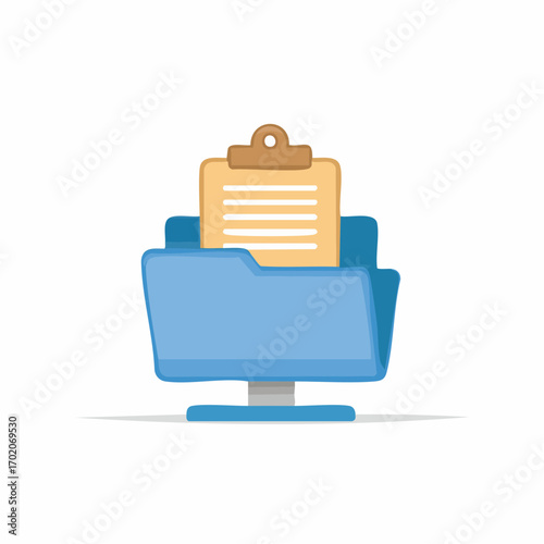 Digital folder holding a document on a clipboard on a computer screen stand