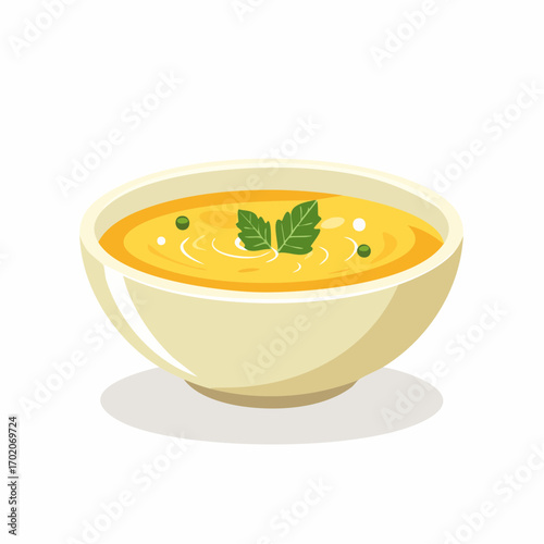 Bowl of Freshly Made Yellow Soup Garnished with Herbs