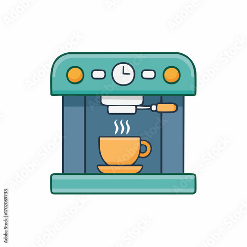 Vector illustration of a stylized coffee machine with a cup of steaming coffee