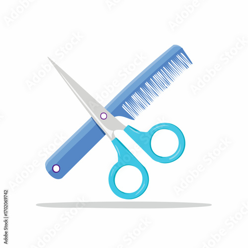 Blue scissors and comb, crossed, for hair cutting and salon design
