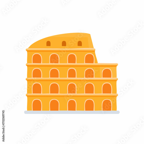 Stylized ancient amphitheater building with arches and windows in warm tones
