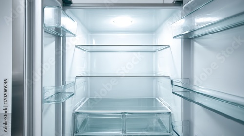 Clean, Minimalist Empty Refrigerator Interior with Glass Shelves, Modern Design, and Bright Lighting for Food Storage Concepts