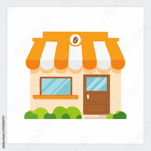 Illustration of a small coffee shop with orange awnings and coffee bean logo.