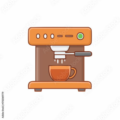 Espresso machine brewing coffee into cup cartoon illustration, cafe equipment