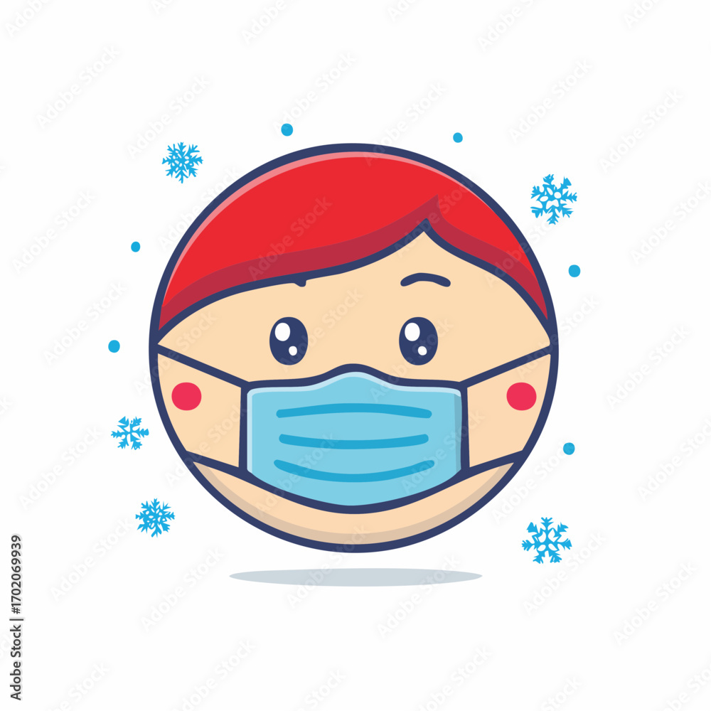Obraz premium Cute cartoon character with red hair wearing a blue medical mask and surrounded by snowflakes.