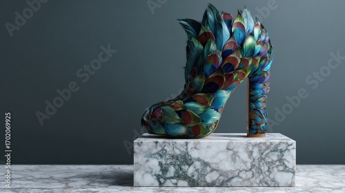 Wallpaper Mural High heel shoe covered with colorful peacock feathers on marble surface Torontodigital.ca