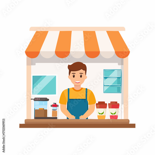Friendly vendor working at food stall serving coffee to go illustration