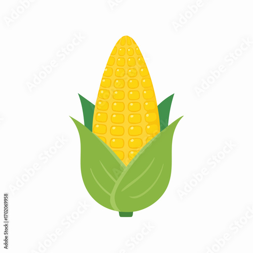 Vibrant Yellow Corn Ear with Green Husks Flat Design Healthy Food Illustration