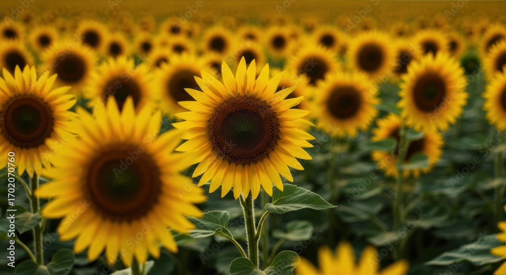 Fototapeta premium Detailed close-up of a single bright yellow sunflower in a vast, sun-drenched agricultural field during a warm summer day