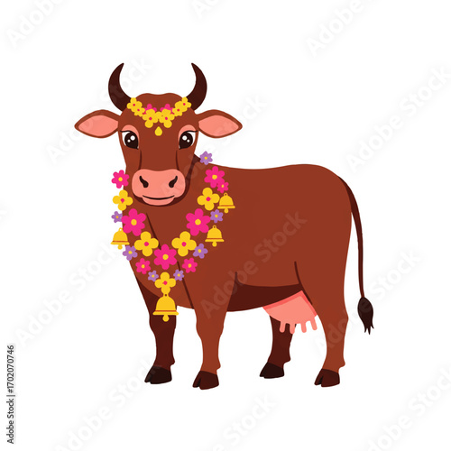 Decorated Sacred Indian Cow with Flower Garland.