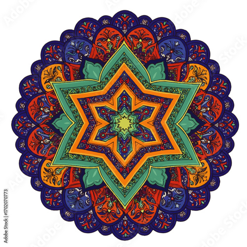 Colorful Intricate Mandala with SixPointed Star Design.