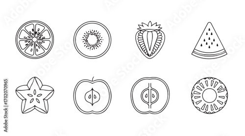 Collection of hand drawn fruit slices and shapes in silhouette style