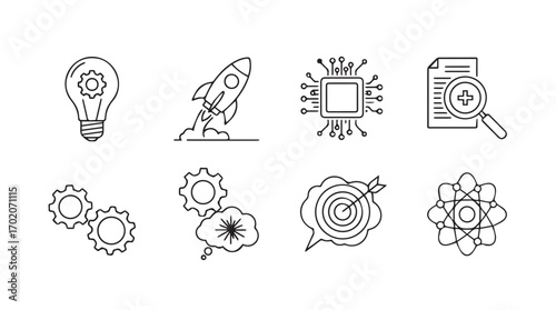 Collection of business and technology concept icons in a clean silhouette style