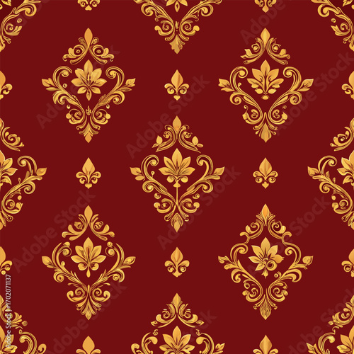 Luxury brocade seamless pattern, golden ornamental motifs on deep red fabric background