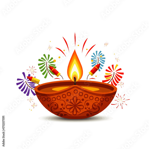Diwali Festival Celebration with Traditional Diya Lamp and Fireworks.