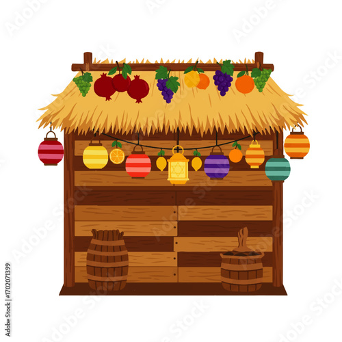 Festive Tropical Market Stall with Fruits and Lanterns.