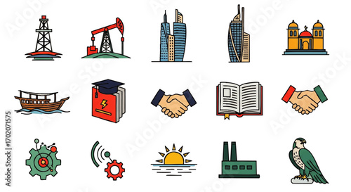 A diverse collection of colorful line art icons representing industry, culture, business, and technology.