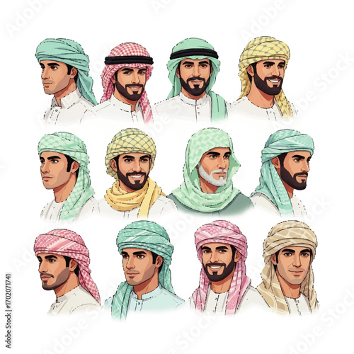 A diverse collection of illustrated portraits of Arab men wearing traditional ghutra and keffiyeh headwear in various styles and colors.
