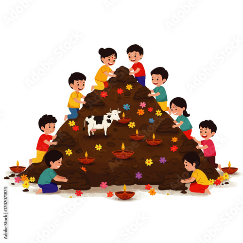 Happy Children Celebrating Govardhan Puja Festival with Cow Dung Mountain.