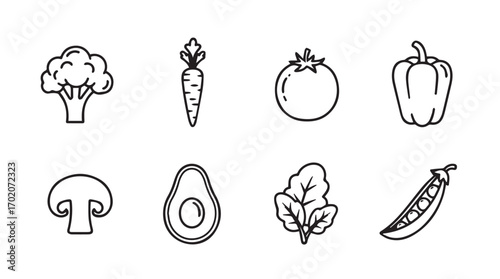 Hand drawn collection of fresh vegetables in a simple line art silhouette style