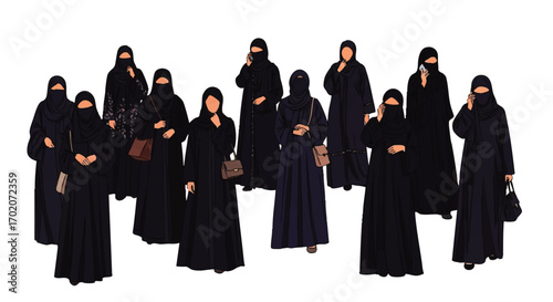 A diverse group of illustrated Muslim women wearing traditional black abayas, hijabs, and niqabs.
