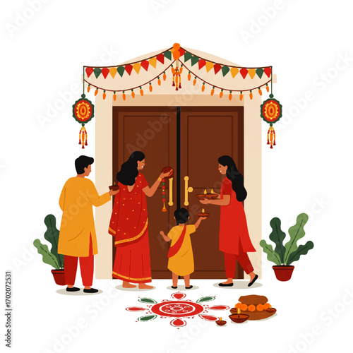 Happy Indian Family Celebrating Traditional Festival at Home Entrance.