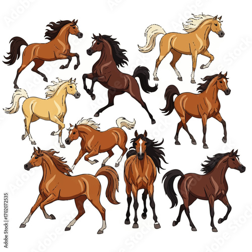 A dynamic collection of illustrated cartoon horses in various graceful poses, featuring flowing manes and different brown and palomino coats.