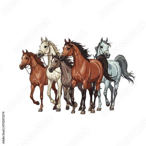 A dynamic herd of five illustrated Arabian horses in various colors, trotting with flowing manes.