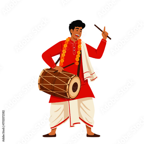 Happy Indian Man Playing Traditional Dholak Drum.