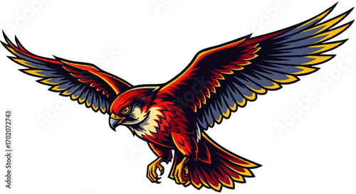 A fierce, stylized falcon mascot in mid-flight, featuring bold red, blue, and yellow plumage with sharp talons.