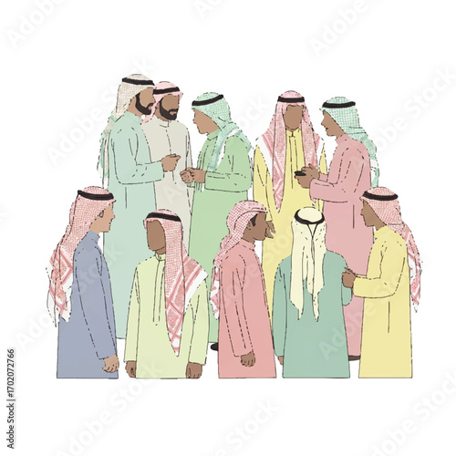 A gathering of Arab men in colorful pastel thobes and ghutras, a stylized minimalist illustration of a social group.