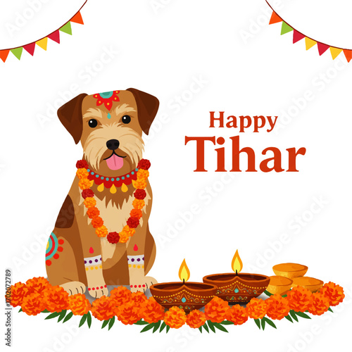 Happy Tihar Festival Celebration with Adorned Dog.