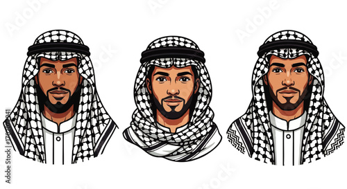 A handsome Arab man with a dark beard, wearing a traditional black and white patterned keffiyeh and agal.