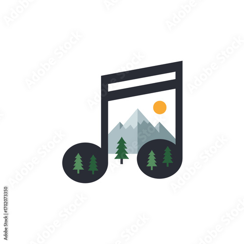 A stylized black music note holds a mountain and trees inside.