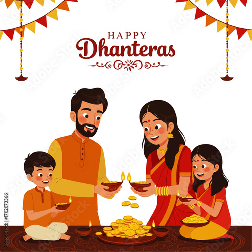 Indian Family Celebrating Happy Dhanteras Festival.