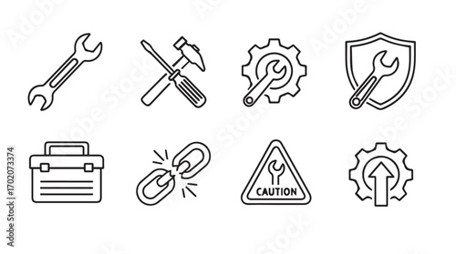 Collection of hand drawn tool icons in a simple silhouette style for repair and maintenance themes